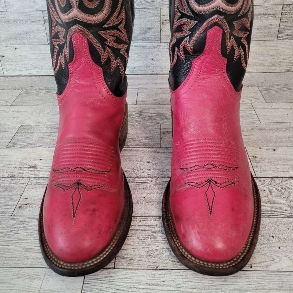 Women's Lucchese 2000 Western Pink Black Leather Rodeo Cowboy Boots Size 7 B - Picture 3 of 9